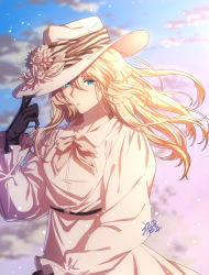 Rule 34 | 1girl, alternate costume, black gloves, blonde hair, blue eyes, braid, cleaned, commentary request, dress, flower, gloves, gogatsu fukuin, hair between eyes, hair ribbon, hat, hat flower, highres, jacket, looking at viewer, official art, outdoors, pink flower, red ribbon, ribbon, signature, solo, violet evergarden, violet evergarden (series), white dress, white hat