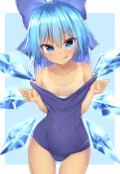 Rule 34 | 1girl, :p, bare arms, bare shoulders, blue background, blue bow, blue hair, blue one-piece swimsuit, blush, bow, breasts, breasts apart, cirno, closed mouth, clothes pull, collarbone, commentary request, competition school swimsuit, covered navel, cowboy shot, detached wings, hair bow, ice, ice wings, looking at viewer, medium breasts, naughty face, one-piece swimsuit, one-piece swimsuit pull, one-piece tan, pulling own clothes, sabana, school swimsuit, simple background, small breasts, smile, solo, swimsuit, tan, tanline, tanned cirno, tongue, tongue out, touhou, v-shaped eyebrows, wings
