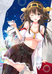 Rule 34 | 10s, 1girl, ahoge, bare shoulders, blush, breasts, brown eyes, brown hair, bubble, building, cleavage, cloud, cup, detached sleeves, hairband, headgear, japanese clothes, kantai collection, kongou (kancolle), long hair, looking at viewer, md5 mismatch, one eye closed, open clothes, open mouth, personification, resolution mismatch, ribbon-trimmed sleeves, ribbon trim, sarashi, skirt, sky, smile, solo, source larger, sparkle, takanashi haruto, teacup, thighhighs, underboob, wink