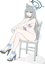 Rule 34 | 1girl, :/, animal ear fluff, animal ears, black choker, black halo, blue archive, blue eyes, blush, breasts, broken halo, choker, closed mouth, commentary, completely nude, cross, cross hair ornament, crossed legs, earrings, extra ears, flat color, grey hair, hair behind ear, hair between eyes, hair ornament, halo, high heels, highres, inverted cross, jewelry, just shoes, large breasts, long hair, looking at viewer, masabodo, mismatched pupils, navel, nude, on chair, sandals, shiroko (blue archive), shiroko terror (blue archive), simple background, sitting, solo, stud earrings, symbol-only commentary, very long hair, white background, wolf ears