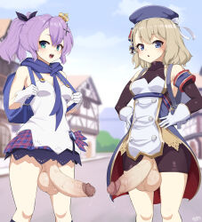 Rule 34 | 2futa, armband, azur lane, backpack, bag, bare shoulders, beret, bike shorts, black shorts, blue eyes, blurry, blurry background, breasts, buttons, camisole, cross, cross hair ornament, crown, double-breasted, erection, futanari, gloves, green eyes, hair ornament, hands on own hips, hat, highres, huge testicles, iron cross, javelin (azur lane), large penis, looking at viewer, medium breasts, mini crown, multiple futa, nnilaee, open mouth, outdoors, penis, plaid, plaid skirt, precum, precum string, purple hair, shorts, skirt, testicles, uncensored, veins, veiny penis, white camisole, white gloves, z23 (azur lane)