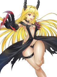 Rule 34 | 1girl, :d, artist request, barefoot, black gloves, black panties, blonde hair, breasts, center opening, claws, dark persona, foreshortening, gloves, gluteal fold, hair intakes, highres, horns, konjiki no yami, long hair, looking at viewer, navel, no bra, open mouth, panties, red eyes, revealing clothes, shunbou, simple background, small breasts, smile, solo, thigh gap, thigh strap, thighs, to love-ru, to love-ru darkness, underwear, very long hair, white background