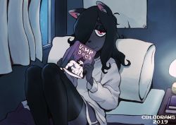 Rule 34 | 2019, artist name, black hair, book, colo (nagrolaz), curtains, dolphin shorts, furry, hair over one eye, half-closed eyes, highres, holding, holding book, lamp, long hair, looking at viewer, on bed, original, pillow, pink eyes, shorts, sitting, sweater, thighhighs, white sweater, window