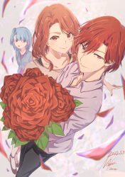 Rule 34 | 1boy, 2girls, absurdres, black pants, blue hair, blue jacket, bouquet, closed mouth, collarbone, collared shirt, dated, enji (mona lisa no zaregoto), flower, highres, hisame (mona lisa no zaregoto), holding, holding bouquet, jacket, long hair, looking at viewer, mona lisa no zaregoto, multiple girls, noboru imae, one side up, pants, purple shirt, red eyes, red flower, red hair, red rose, rose, shirt, short hair, signature, smile, sora (mona lisa no zaregoto), standing
