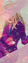 Rule 34 | 1boy, ahoge, blonde hair, blue necktie, collared shirt, commentary request, covered face, facing viewer, formal, highres, jacket, long hair, long sleeves, makoto kagutsuchi, male focus, master detective archives: rain code, necktie, open mouth, purple jacket, shirt, smile, solo, takatsuki (pineapple umee), teeth, upper teeth only, white shirt