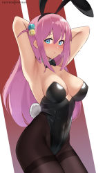 Rule 34 | 1girl, absurdres, animal ears, armpits, arms behind head, arms up, black bow, black bowtie, black hairband, black leotard, black pantyhose, blue eyes, blush, bocchi the rock!, bow, bowtie, breasts, cleavage, closed mouth, commentary, covered navel, cube hair ornament, detached collar, english commentary, fake animal ears, gotoh hitori, hair ornament, hairband, highleg, highleg leotard, highres, hioyami, large breasts, leotard, long hair, looking at viewer, medium breasts, pantyhose, patreon username, pink hair, playboy bunny, rabbit ears, solo, thighs