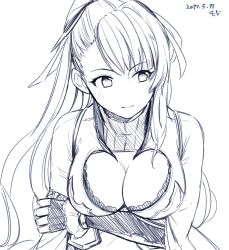 Rule 34 | 10s, 1girl, asymmetrical bangs, beatrix (granblue fantasy), blush, breasts, cleavage, commentary request, dated, gauntlets, granblue fantasy, greyscale, hair ornament, long hair, medium breasts, monochrome, motitoy, solo, upper body, white background