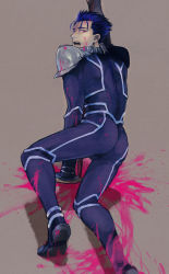 Rule 34 | 1boy, armor, ass, blue hair, bodysuit, cu chulainn (fate), earrings, fate/stay night, fate (series), injury, jewelry, cu chulainn (fate/stay night), long hair, male focus, paint, pauldrons, ponytail, red eyes, sexually suggestive, shoulder armor, solo, suzuki tsuta