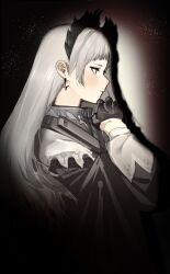 Rule 34 | 1girl, arknights, black background, black dress, black gloves, blush, collar, commentary, dress, earrings, feather hair, from side, frown, gloves, grey eyes, grey hair, hand up, highres, irene (arknights), jewelry, long hair, looking to the side, profile, shadow, sidelocks, simple background, soda (sod4), solo, spotlight, thighhighs, upper body, white collar