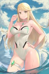 Rule 34 | 1girl, bare shoulders, blonde hair, blue sky, breasts, chest jewel, choker, cleavage, cloud, covered navel, female focus, gem, j@ck, large breasts, long hair, looking at viewer, matching hair/eyes, mythra (radiant beach) (xenoblade), mythra (xenoblade), nintendo, one-piece swimsuit, skindentation, sky, smile, solo, standing, swept bangs, swimsuit, thigh strap, very long hair, water, xenoblade chronicles (series), xenoblade chronicles 2, yellow eyes