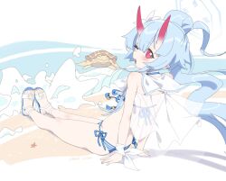 Rule 34 | 1girl, animal, bare legs, beach, bikini, blue archive, blue hair, blue halo, breasts, chise (blue archive), chise (swimsuit) (blue archive), halo, highres, horns, long hair, nemo (leafnight), ocean, official alternate costume, one eye closed, open mouth, pointy ears, red eyes, red horns, sandals, side ponytail, sitting, small breasts, smile, solo, striped bikini, striped clothes, swimsuit, toes, turtle