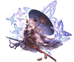 Rule 34 | 10s, 1girl, animal ears, black thighhighs, blue eyes, braid, breasts, bug, butterfly, cleavage, elbow gloves, gloves, granblue fantasy, hair ornament, hair over one eye, horns, insect, japanese clothes, long hair, looking at viewer, lying, minaba hideo, narmaya (granblue fantasy), narmaya (visions of butterflies) (granblue fantasy), obi, official art, oil-paper umbrella, on side, pink hair, pinwheel, pointy ears, sandals, unworn sandals, sash, single braid, smile, sword, thighhighs, transparent background, umbrella, weapon, zettai ryouiki