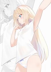 Rule 34 | 1girl, blonde hair, blue eyes, bow, bow panties, breasts, commentary request, cowboy shot, from below, jervis (kancolle), kantai collection, long hair, no pants, panties, sakurai nana (moshichi), shirt, small breasts, solo, underwear, white panties, white shirt, zoom layer