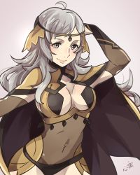 Rule 34 | 1girl, ahoge, breasts, cape, center opening, closed mouth, covered navel, fire emblem, fire emblem fates, grey eyes, grey hair, kokomi (aniesuakkaman), large breasts, long hair, medium breasts, nintendo, ophelia (fire emblem), simple background, smile, solo