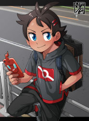 Rule 34 | 1boy, antenna hair, blue eyes, brown hair, closed mouth, commentary request, creatures (company), eyelashes, fence, game freak, gen 4 pokemon, goh (pokemon), hair ornament, hairclip, hand in pocket, highres, holding, kaminosaki, looking to the side, male focus, nintendo, pokemon, pokemon (anime), pokemon (creature), pokemon journeys, rotom, rotom phone, sitting, smile, solo, watermark