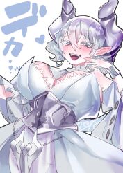 Rule 34 | 1girl, blush, breasts, demon girl, demon horns, demon wings, detached collar, dress, duel monster, grey eyes, grey hair, heart, highres, horns, large breasts, lovely labrynth of the silver castle, open mouth, pointy ears, simple background, smug, solo, strapless, strapless dress, suzusuzu1616, transparent wings, white background, white dress, wings, yu-gi-oh!