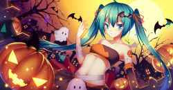 Rule 34 | &gt;:), 1girl, ahoge, akabane, bare shoulders, bat (animal), bat hair ornament, black gloves, bow, building, collarbone, elbow gloves, full moon, ghost, gloves, green eyes, green hair, hair bow, hair ornament, hair ribbon, halloween, hatsune miku, highres, jack-o&#039;-lantern, long hair, looking at viewer, moon, navel, ribbon, single glove, smile, solo, twintails, v-shaped eyebrows, very long hair, vocaloid