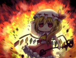 Rule 34 | 1girl, arm up, ascot, blonde hair, blush, commentary request, crystal, debris, explosion, flandre scarlet, frilled shirt collar, frilled skirt, frills, hat, holding, holding weapon, laevatein (touhou), mob cap, one-hour drawing challenge, red eyes, red skirt, red vest, rock, shirt, short hair, short sleeves, side ponytail, skirt, solid circle eyes, solo, standing, touhou, triangle mouth, unime seaflower, upper body, vest, weapon, white hat, white shirt, wings, yellow ascot
