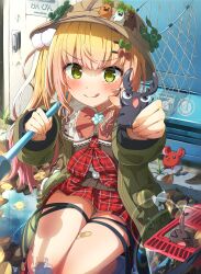 1girl absurdres ama_rei autumn_leaves bandaid bandaid_on_leg beetle blonde_hair bug butterfly_net commentary_request green_eyes green_jacket hair_ornament hand_net hat hercules_beetle highres hololive insect jacket leaf licking_lips long_hair momosuzu_nene momosuzu_nene_(casual) nekko_(momosuzu_nene) official_alternate_hairstyle plaid_clothes plaid_skirt pom_pom_(clothes) pom_pom_hair_ornament puddle safari_hat skirt smile stag_beetle tongue tongue_out virtual_youtuber