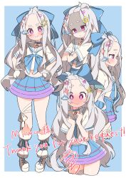 Rule 34 | 1girl, absurdres, arms behind back, blank eyes, blue background, blue bow, blue choker, blue ribbon, blue skirt, blush, bow, bright pupils, choker, closed mouth, commission, crossed arms, grey hair, hair bow, hair ornament, heart, heart choker, heart hair ornament, highres, indie virtual youtuber, long hair, miwapeito (vtuber), navel, pleated skirt, purple eyes, ribbon, sailor collar, school uniform, shaded face, shirt, skeb commission, skirt, smile, star (symbol), star hair ornament, uruti 2388, virtual youtuber, white footwear, white pupils, white sailor collar, white shirt