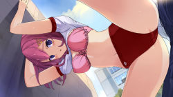 Rule 34 | 10s, 1girl, against wall, akinashi yuu, ao no kanata no four rhythm, ao no kanata no four rhythm -es-, aoba kanako, bare legs, bent over, blush, bra, breasts, buruma, cameltoe, clothes lift, cloud, day, from below, game cg, gym uniform, hair ornament, hairclip, large breasts, legs, looking at viewer, looking down, navel, outdoors, parted lips, pink bra, pink hair, purple eyes, shirt lift, short hair, short sleeves, sky, solo focus, suzumori, thighs, underwear