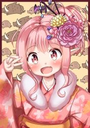 Rule 34 | 1girl, :d, arm up, blush, chinese zodiac, collarbone, commentary request, demon girl, fang, floral print, flower, fur collar, hair between eyes, hair bun, hair flower, hair ornament, head tilt, highres, japanese clothes, kimono, long sleeves, looking at viewer, mochiyuki, obi, open mouth, original, pig, pink flower, pink hair, pink kimono, pointy ears, print kimono, red eyes, sash, side bun, sidelocks, single hair bun, single side bun, sleeves past wrists, smile, solo, upper body, v over eye, wide sleeves, year of the pig