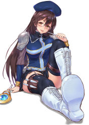 Rule 34 | 1girl, armor, beret, black skirt, black thighhighs, blue hat, blue shirt, boots, brown eyes, brown hair, cross-laced footwear, glasses, hair between eyes, hat, highres, knee boots, knife, knife belt, lace-up boots, long hair, long sleeves, looking at viewer, open mouth, original, scepter, shirt, shoe soles, shoulder armor, sitting, skirt, smile, solo, thighhighs, thighhighs under boots, toriatto gununu, white background, white footwear