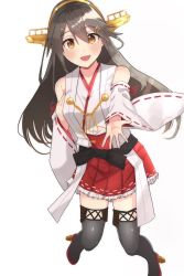 Rule 34 | 1girl, black hair, black thighhighs, boots, commentary request, detached sleeves, dokuganryuu, full body, hair ornament, hairband, hairclip, haruna (kancolle), headgear, highres, japanese clothes, kantai collection, long hair, looking at viewer, red skirt, ribbon-trimmed sleeves, ribbon trim, simple background, skirt, smile, solo, thigh boots, thighhighs, white background