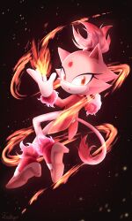 Rule 34 | 1girl, absurdres, blaze the cat, burning blaze, cat girl, cat tail, eyelashes, fire, forehead jewel, furry, furry female, gloves, high heels, highres, jacket, looking at viewer, looking back, open mouth, pants, pink fur, ponytail, red jacket, sonic (series), sonic rush, sonic rush adventure, tail, tasikyu, white pants