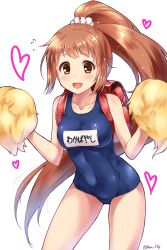 Rule 34 | 10s, 1girl, :d, backpack, bag, blush, breasts, brown eyes, brown hair, cheerleader, collarbone, covered navel, flying sweatdrops, hair ornament, hair scrunchie, heart, highres, idolmaster, idolmaster cinderella girls, long hair, looking at viewer, medium breasts, name tag, old school swimsuit, one-piece swimsuit, open mouth, paopao, pom pom (cheerleading), ponytail, randoseru, school swimsuit, scrunchie, shiny skin, smile, solo, swimsuit, twitter username, very long hair, wakabayashi tomoka, white background