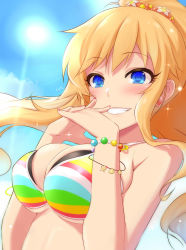 Rule 34 | 10s, 1girl, bare shoulders, bead bracelet, beads, bikini, bikini top only, blonde hair, blue eyes, blush, bracelet, breasts, cleavage, day, earrings, eyelashes, flower, flower earrings, grin, hair flower, hair ornament, highres, idolmaster, idolmaster cinderella girls, interlocked fingers, jewelry, kiyu rei, large breasts, lens flare, long hair, looking at viewer, nail polish, o-ring, ohtsuki yui, own hands clasped, own hands together, ponytail, scrunchie, sidelocks, sky, smile, solo, sparkle, striped bikini, striped bikini top, striped clothes, sun, swimsuit, teeth, wavy hair