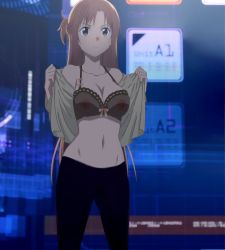 Rule 34 | 1girl, asuna (sao), black pants, bra, braid, breasts, brown eyes, brown hair, cleavage, collarbone, french braid, highres, large breasts, long hair, navel, nipples, nipples visible through clothes, nude filter, open clothes, open shirt, pants, screencap, see-through, shirt, stitched, stomach, sword art online, third-party edit, underwear, yellow shirt