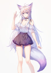 Rule 34 | 1girl, absurdres, animal ears, antenna hair, bare legs, bare shoulders, bra strap, commentary request, feet out of frame, fox ears, fox tail, grey background, hair between eyes, hand up, highres, kirby d a, long hair, looking at viewer, miniskirt, off-shoulder shirt, off shoulder, original, purple eyes, purple skirt, revision, shirt, short sleeves, silver hair, simple background, skirt, smile, solo, standing, tail, thighs, very long hair, white shirt