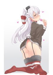 Rule 34 | 10s, 1girl, amatsukaze (kancolle), ass, black dress, black panties, blush, clothes lift, condom, dress, dress lift, from behind, garter straps, gloves, hair tubes, kantai collection, kneeling, kokuto adk, long hair, looking at viewer, panties, short dress, silver hair, solo, striped clothes, striped thighhighs, thighhighs, thighs, thong, two side up, underwear, white gloves, yellow eyes