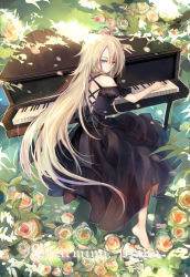 Rule 34 | 1girl, aki (wishtakeme), barefoot, blonde hair, blue eyes, dress, flower, highres, ia (vocaloid), instrument, long hair, looking back, piano, rose, sitting, solo, very long hair, vocaloid