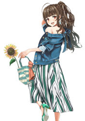 Rule 34 | 1girl, :d, absurdres, ahoge, bag, blue footwear, blue jacket, blunt bangs, blush, brown hair, commentary request, earrings, flower, handbag, high heels, highres, holding, holding bag, holding handbag, idolmaster, idolmaster cinderella girls, idolmaster cinderella girls starlight stage, jacket, jewelry, kamiya nao, looking at viewer, looking back, off shoulder, open clothes, open jacket, open mouth, paeonia1202, ponytail, red eyes, simple background, single bare shoulder, smile, solo, sunflower, white background