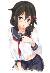 Rule 34 | 1girl, :o, black hair, blue eyes, blush, bra, braid, commentary request, cosplay, hair flaps, hair ornament, highres, inazuma (kancolle), inazuma (kancolle) (cosplay), kantai collection, midriff, navel, remodel (kantai collection), sarfata, school uniform, see-through, shigure (kancolle), single braid, solo, sweat, underwear, wet, wet clothes