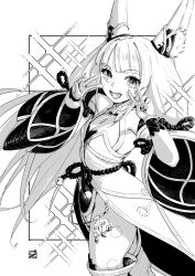 1girl animal_ears blunt_bangs cat_ears chest_jewel chin_bell detached_sleeves double_v gloves greyscale highres long_hair low_twintails monochrome nia_(blade)_(xenoblade) nia_(xenoblade) open_mouth solo twintails v very_long_hair wide_sleeves xenoblade_chronicles_(series) xenoblade_chronicles_2