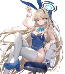 Rule 34 | 1girl, animal ears, arm up, bare shoulders, blonde hair, blue archive, blue eyes, blue footwear, blue hairband, blue leotard, bow, bowtie, braid, breasts, closed mouth, covered navel, crossed legs, detached collar, earpiece, expressionless, fake animal ears, hairband, halo, hattori masaki, high heels, highleg, highleg leotard, highres, leotard, long hair, looking at viewer, medium breasts, multicolored hair, official alternate costume, playboy bunny, rabbit ears, sitting, skindentation, solo, stool, strapless, strapless leotard, streaked hair, thighhighs, thighs, toki (blue archive), toki (bunny) (blue archive), very long hair, white thighhighs, wrist cuffs