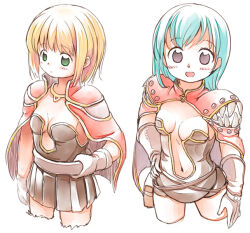 Rule 34 | 2girls, adjusting belt, belt, blonde hair, breasts, breasts apart, brown belt, brown dress, brown eyes, cape, closed mouth, commentary request, cowboy shot, creator (ragnarok online), dress, emurin, expressionless, gloves, green eyes, green hair, living clothes, looking afar, looking at viewer, multiple girls, navel, open mouth, plunging neckline, ragnarok online, red cape, short dress, short hair, simple background, small breasts, smile, strapless, strapless dress, teeth, white background, white gloves