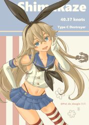 Rule 34 | 1girl, absurdres, anchor hair ornament, black hairband, black neckerchief, black panties, blonde hair, blue sailor collar, blue skirt, character name, crop top, elbow gloves, gloves, grey eyes, hair ornament, hairband, highleg, highleg panties, highres, kantai collection, leaning forward, long hair, looking at viewer, microskirt, miniskirt, neckerchief, panties, pleated skirt, pot-de, sailor collar, shimakaze (kancolle), shirt, skirt, sleeveless, sleeveless shirt, solo, striped clothes, striped thighhighs, thighhighs, underwear, v, white gloves