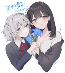 Rule 34 | 2girls, age difference, blazer, blue flower, blush, braid, breasts, brown hair, cleavage, collar, collarbone, collared shirt, commentary request, earrings, flower, green eyes, grey eyes, hair between eyes, highres, holding, holding flower, holding hands, jacket, jewelry, large breasts, looking at viewer, multiple girls, neko-san (dim.dream), off shoulder, original, red ribbon, ribbon, shirt, short hair, silver hair, smile, sweater, translation request, upper body, white shirt, yuri