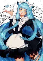Rule 34 | 1other, absurdres, apron, bandaid, bandaid on face, bandaid on nose, blue background, blue eyes, blue hair, blush, disaster nirumoy, heart, highres, indie virtual youtuber, long hair, looking to the side, maid, maid apron, maid headdress, minnow candy, pointy ears, shark, sharp teeth, teeth, very long hair, virtual youtuber, white background