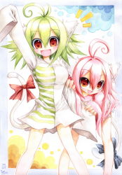Rule 34 | 2girls, ahoge, animal ears, blush, bow, cat ears, cat tail, emperpep, green hair, multiple girls, open mouth, painting (medium), pink hair, red eyes, tail, traditional media, watercolor (medium), waving