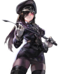 Rule 34 | 1girl, aoin, borrowed character, breasts, brown hair, eyepatch, hat, highres, lips, long hair, military, military hat, military uniform, nazi, necktie, original, pink eyes, riding crop, skirt, solo, swastika, thighhighs, thighs, uniform