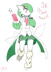 Rule 34 | 1girl, artist name, barefoot, blush, bob cut, bright pupils, buttons, cellphone, closed mouth, clothed pokemon, collared shirt, colored skin, creatures (company), cup, disposable cup, drink, drinking, drinking straw, female focus, flat chest, game freak, gardevoir, gen 3 pokemon, green hair, green skin, green skirt, hair ornament, hair over one eye, hands up, highres, holding, holding cup, holding drink, japanese text, leg up, leg warmers, looking to the side, m3 (gardevoir m3), miniskirt, multicolored skin, musical note, neck ribbon, nintendo, one eye covered, panties, panty peek, phone, pink eyes, pink ribbon, pleated skirt, poke ball hair ornament, poke ball symbol, pokemon, pokemon (creature), ribbon, school uniform, shirt, short hair, short sleeves, signature, simple background, skirt, smartphone, solo, standing, standing on one leg, telekinesis, thighs, translation request, two-tone skin, underwear, walking, white background, white panties, white pupils, white shirt, white skin