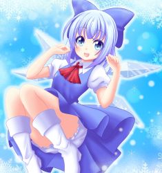 Rule 34 | 1girl, alternate footwear, arms up, bloomers, blue background, blue dress, blue eyes, blue hair, blush, boots, cirno, dress, hair ribbon, highres, looking at viewer, matching hair/eyes, open mouth, puffy short sleeves, puffy sleeves, reimei (r758120518), ribbon, round teeth, short hair, short sleeves, snowflakes, solo, teeth, touhou, underwear, white footwear, wings