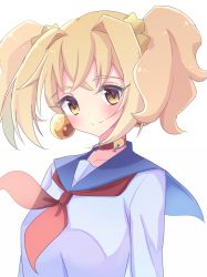 Rule 34 | 1girl, blonde hair, blue cape, breasts, cape, closed mouth, collar, collarbone, commentary, earrings, gem, hair between eyes, hair intakes, hair tie, jewelry, light blush, looking at viewer, medium breasts, medium hair, neckerchief, poptepipic, popuko, red collar, red neckerchief, school uniform, serafuku, shirt, simple background, smile, solo, suzume anko, twintails, upper body, white background, white shirt, yellow eyes