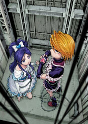 Rule 34 | 2girls, absurdres, black capelet, black gloves, black skirt, black sleeves, blue eyes, blue hair, blurry, blurry foreground, bow, brown eyes, brown hair, capelet, closed mouth, commentary request, cure black, cure white, dress, earrings, elbow gloves, elevator shaft, fingerless gloves, fist in hand, frilled capelet, frilled skirt, frills, frown, futari wa precure, glaring, gloves, hair bow, hair ornament, half updo, heart, heart earrings, heart hair ornament, highres, itou shin&#039;ichi, jewelry, leg warmers, long hair, looking at viewer, looking up, magical girl, medium dress, miniskirt, misumi nagisa, multiple girls, open mouth, precure, short hair, skirt, squatting, standing, white bow, white capelet, white dress, white sleeves, yukishiro honoka