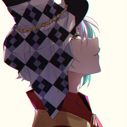 Rule 34 | 1boy, aqua hair, black hat, checkered clothes, checkered headwear, commentary, from side, hat, hk (wgyz7222), kamishiro rui, male focus, multicolored hair, official alternate costume, parted lips, project sekai, purple hair, short hair, simple background, solo, two-tone hair, yellow background, yellow eyes, zenryoku! wonder halloween! (project sekai)